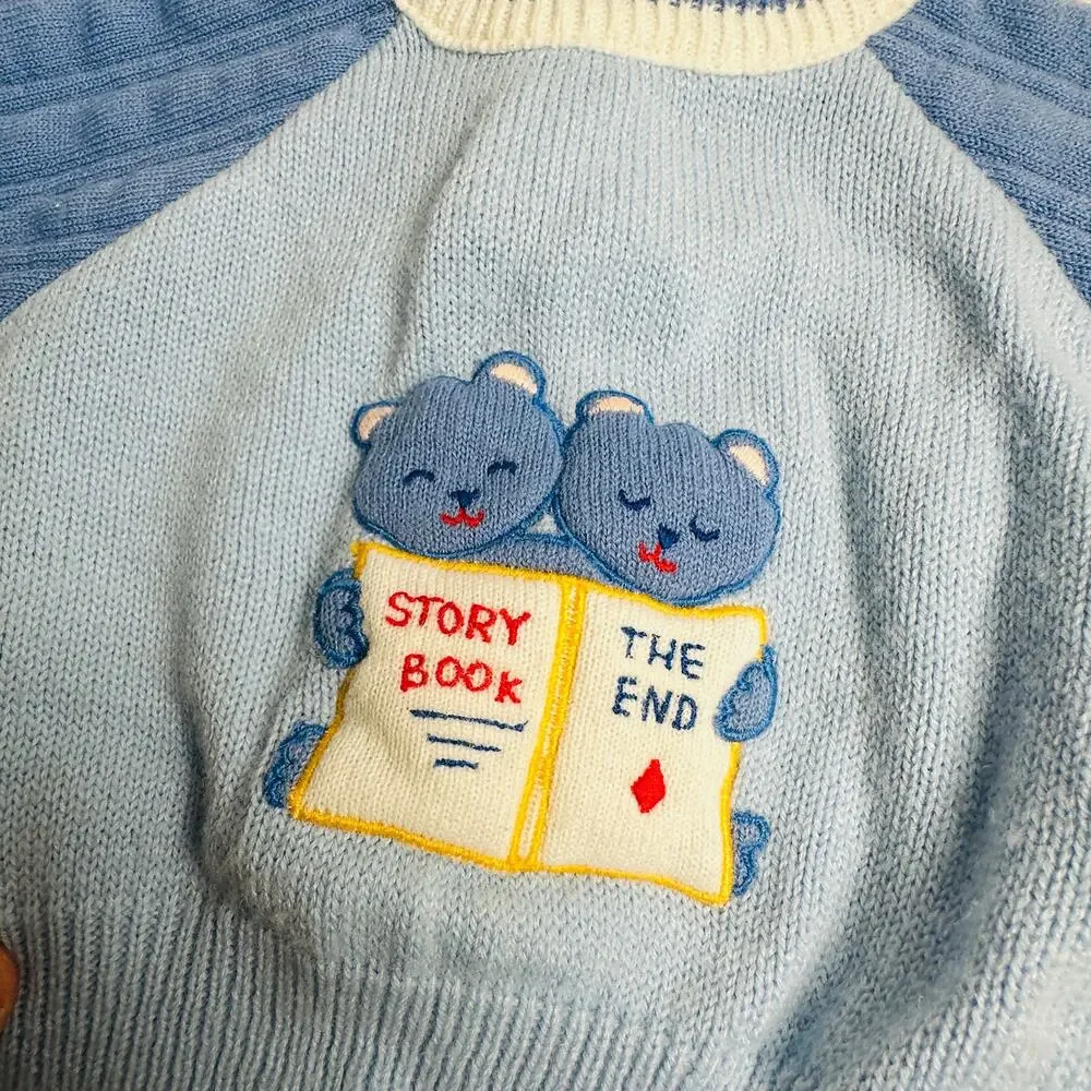 Vintage Story Book Teddy Bears Sweater Blue Knit 2pc Set Outfit Sz 3 mo